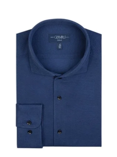 Germirli Lacivert Örme Kumaş Lapel Yaka Tailor Fit Pamuk Gömlek - 5