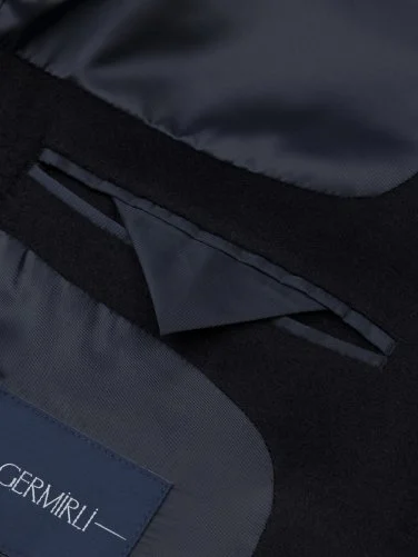 Germirli Lacivert Punto Dikişli Yünlü Palto - 6