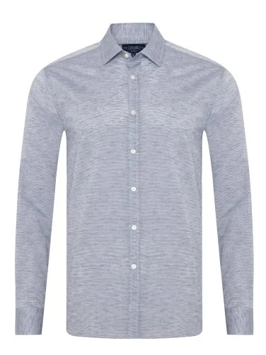 Germirli Lacivert Soft Yaka Tailor Fit Pamuk Keten Gömlek - 1