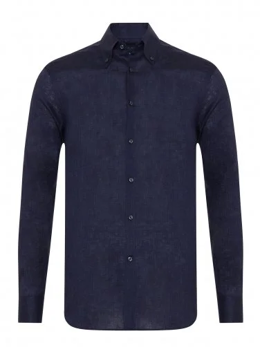 Germirli Lacivert Thomas Mason Non Iron Düğmeli Yaka Tailor Fit Keten Gömlek - 1