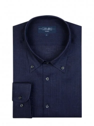 Germirli Lacivert Thomas Mason Non Iron Düğmeli Yaka Tailor Fit Keten Gömlek - 2