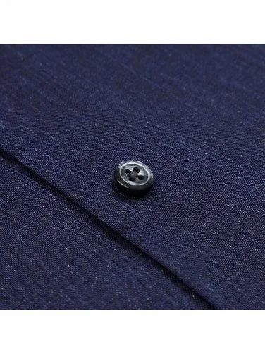 Germirli Lacivert Thomas Mason Non Iron Düğmeli Yaka Tailor Fit Keten Gömlek - 3