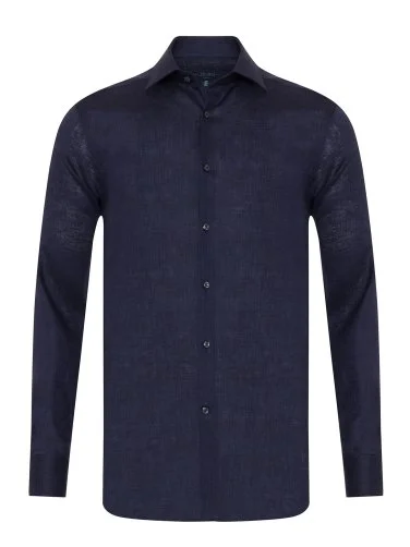 Germirli Lacivert Thomas Mason Non Iron Klasik Yaka Tailor Fit Keten Gömlek - 1