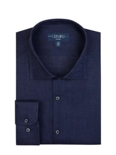 Germirli Lacivert Thomas Mason Non Iron Klasik Yaka Tailor Fit Keten Gömlek - 2