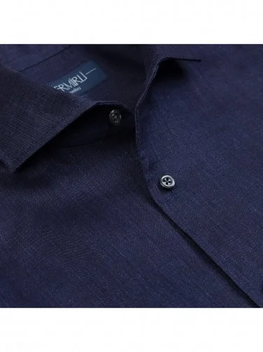 Germirli Lacivert Thomas Mason Non Iron Lapel Yaka Tailor Fit Keten Gömlek - 1