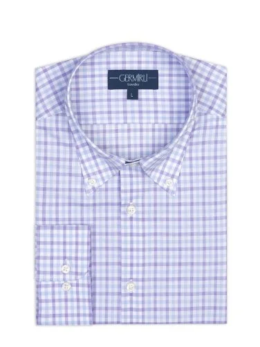 Germirli Lila Mavi Beyaz Kareli Düğmeli Yaka Tailor Fit Journey Non Iron Pamuk Gömlek - 2