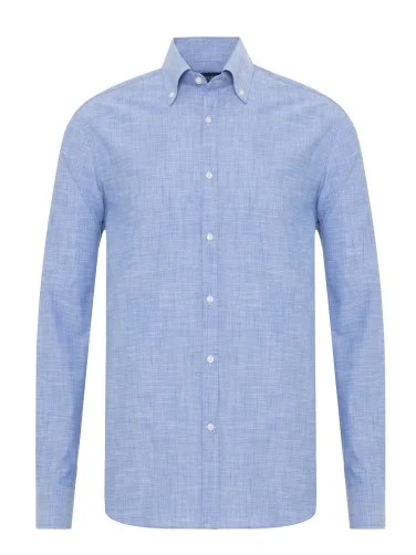 Germirli Mavi Albiate Düğmeli Yaka Tailor Fit İnce Pamuk Gömlek - 1