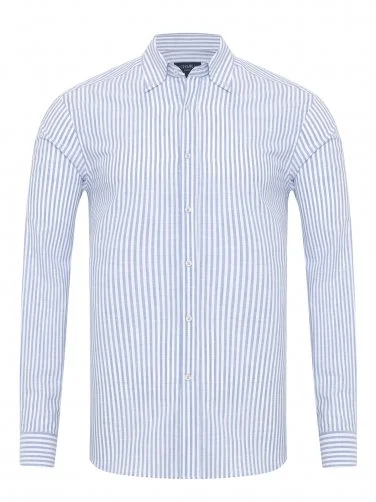 Germirli Mavi Beyaz Çizgili Albiate Düğmeli Yaka Tailor Fit İnce Pamuk Gömlek - 1