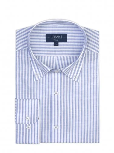 Germirli Mavi Beyaz Çizgili Albiate Düğmeli Yaka Tailor Fit İnce Pamuk Gömlek - 2