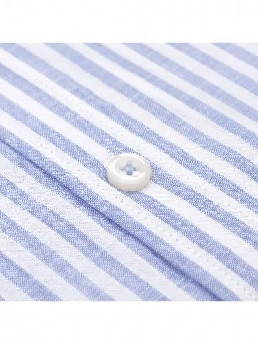 Germirli Mavi Beyaz Çizgili Albiate Düğmeli Yaka Tailor Fit İnce Pamuk Gömlek - 3