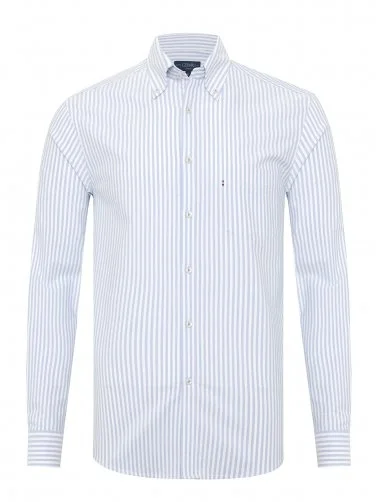 Germirli Mavi Beyaz Çizgili Düğmeli Yaka Cepli Tailor Fit Spor Oxford Gömlek - 1