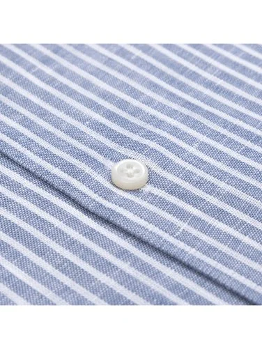 Germirli Mavi Beyaz Çizgili Nevapas Lapel Yaka Keten Gömlek - 3