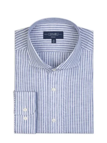 Germirli Mavi Beyaz Çizgili Nevapas Lapel Yaka Keten Gömlek - 2