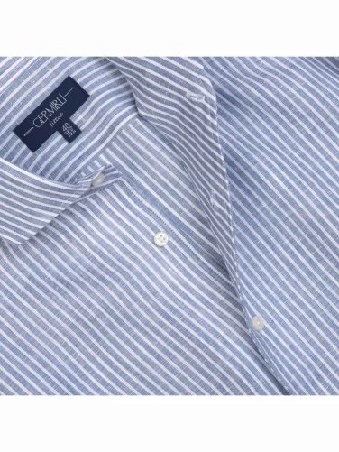 Germirli Mavi Beyaz Çizgili Nevapas Lapel Yaka Keten Gömlek - 1
