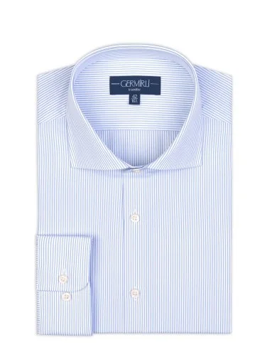 Germirli Mavi Beyaz Çizgili Tailor Fit 120/2 Journey Twill Non Iron Pamuk İtalyan Yaka Gömlek - 1