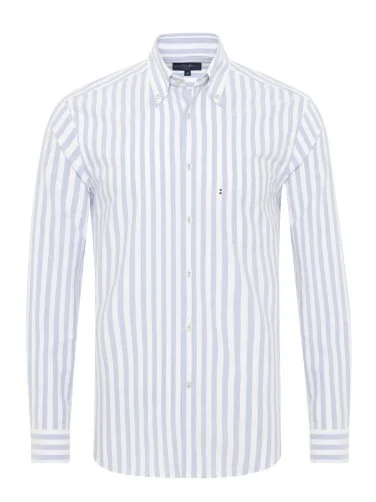 Germirli Mavi Beyaz Çizgili Tailor Fit Rahat Kalıp Düğmeli Yaka Spor Oxford Pamuk Gömlek - 1