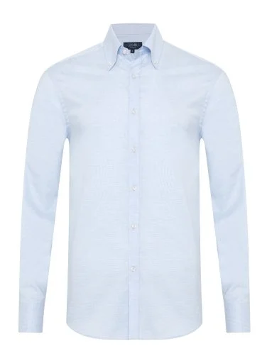 Germirli Mavi Beyaz Mikro Desenli Exclusive Düğmeli Yaka Tailor Fit Pamuk Gömlek - 1