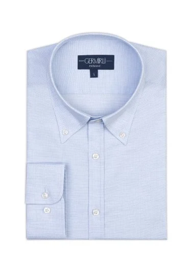Germirli Mavi Beyaz Mikro Desenli Exclusive Düğmeli Yaka Tailor Fit Pamuk Gömlek - 2