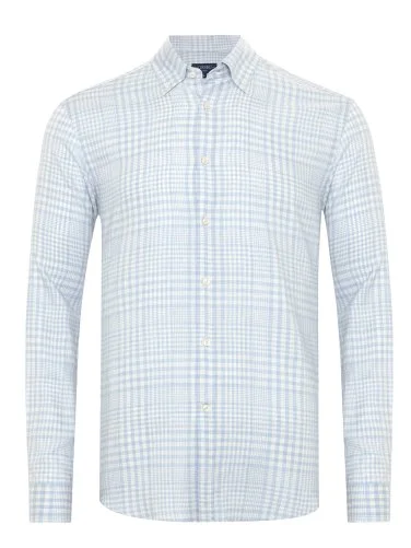 Germirli Mavi Ekose Düğmeli Yaka Tailor Fit Lyocell Yün Gömlek - 1