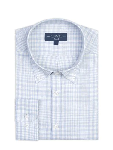 Germirli Mavi Ekose Düğmeli Yaka Tailor Fit Lyocell Yün Gömlek - 2