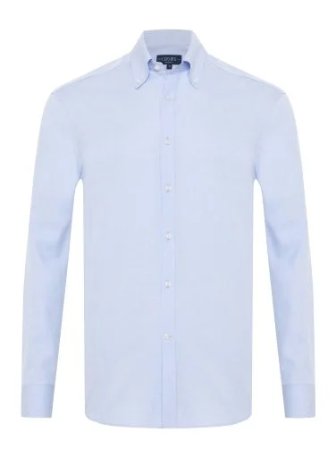 Germirli Mavi Exclusive Balıksırtı Doku Düğmeli Yaka Tailor Fit Pamuk Gömlek - 1