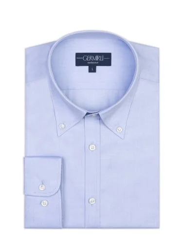 Germirli Mavi Exclusive Balıksırtı Doku Düğmeli Yaka Tailor Fit Pamuk Gömlek - 2