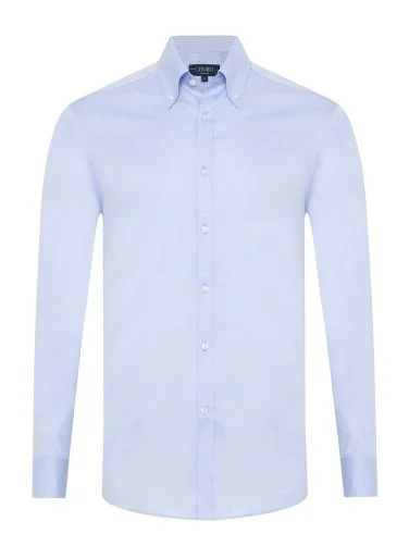 Germirli Mavi Exclusive Panama Doku Düğmeli Yaka Tailor Fit Pamuk Gömlek - 1