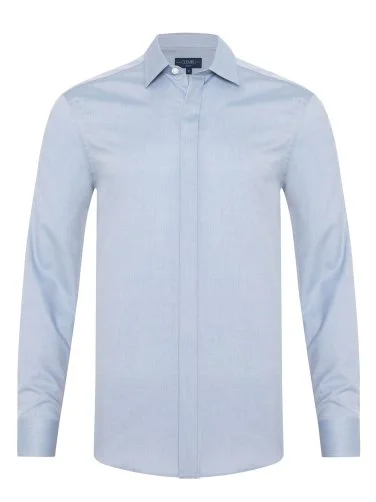 Germirli Mavi Gizli Pat Soft Yaka Tailor Fit Diyagonal Desen Pamuk Gömlek - 1