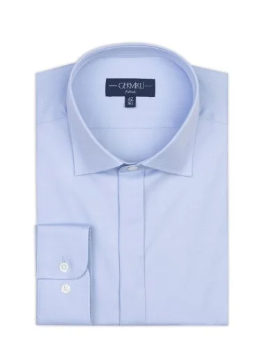 Germirli Mavi Gizli Pat Tailor Fit Klasik Yaka Pamuk Elastan Gömlek - 1