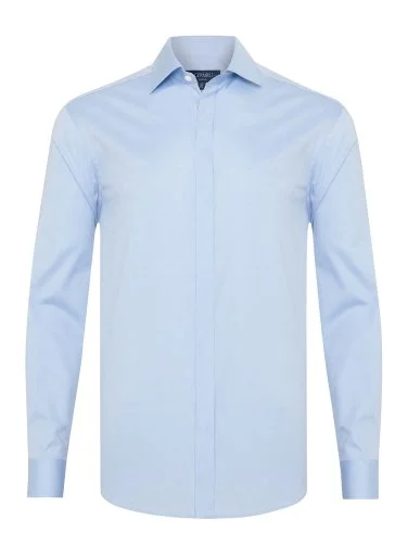 Germirli Mavi Gizli Pat Tailor Fit Klasik Yaka Pamuk Elastan Gömlek - 1