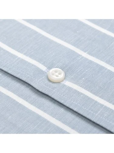 Germirli Mavi Kalın Çizgili Nevapas Lapel Yaka Lyocell Keten Gömlek - 3