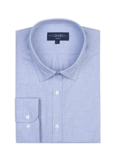 Germirli Mavi Kazayağı Desen Pat Tailor Fit Soft Yaka Pamuk Gömlek - 1