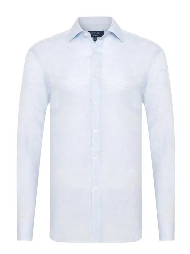 Germirli Mavi Klasik Yaka Exclusive Tailor Fit Saf Keten Gömlek - 1