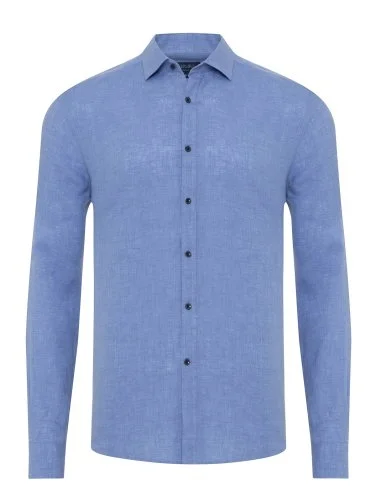 Germirli Mavi Soft Yaka Tailor Fit Keten Gömlek - 1