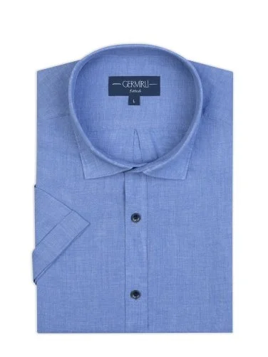 Germirli Mavi Soft Yaka Tailor Fit Kısa Kol Keten Gömlek - 2