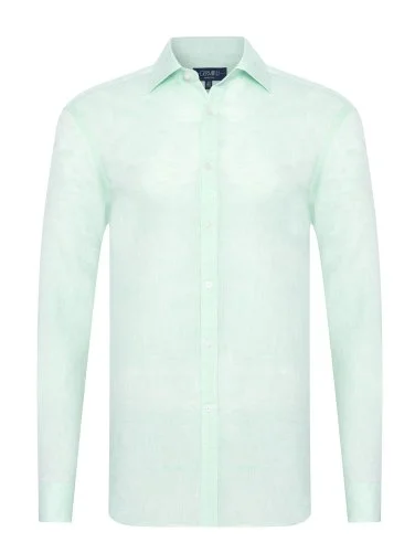 Germirli Mint Yeşili Soft Yaka Tailor Fit Saf Keten Gömlek - 1