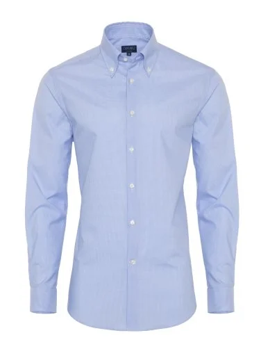 Germirli Non Iron Açık Mavi Kareli Düğmeli Yaka Tailor Fit Gömlek - 1