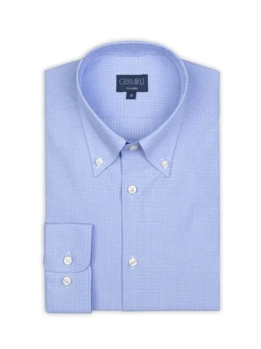 Germirli Non Iron Açık Mavi Kareli Düğmeli Yaka Tailor Fit Gömlek - 2