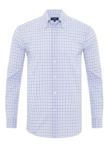 Germirli Non Iron Journey Mavi Ekoseli Düğmeli Yaka Tailor Fit Pamuk Gömlek - 1