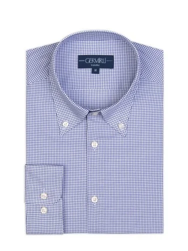 Germirli Non Iron Lacivert Pitikare Desenli Düğmeli Yaka Tailor Fit Journey Kareli Gömlek - 1