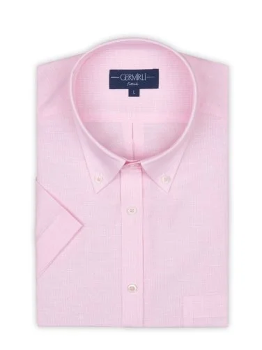 Germirli Pembe Beyaz Çizgili Keten Pamuk Kısa Kollu Düğmeli Yaka Cepli Tailor Fit Gömlek - 2