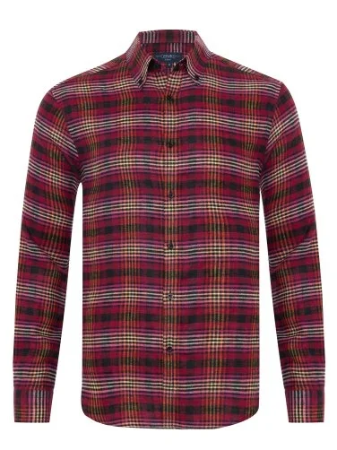 Germirli Pembe Flanel Ekoseli Albiate Düğmeli Yaka Tailor Fit Oduncu Saf Keten Gömlek - 1