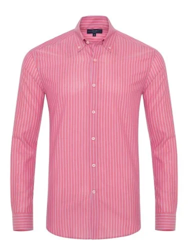 Germirli Pembe Mavi Çizgili Düğmeli Yaka Tailor Fit Vual Gömlek - 1