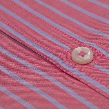 Germirli Pembe Mavi Çizgili Düğmeli Yaka Tailor Fit Vual Gömlek - 3
