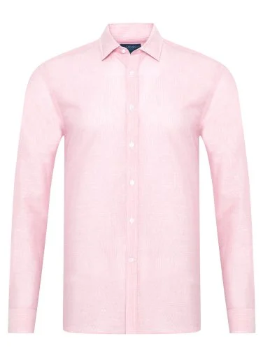 Germirli Pembe Soft Yaka Tailor Fit Pamuk Keten Gömlek - 1