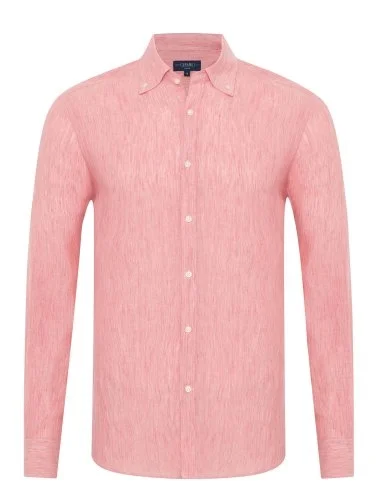 Germirli Pembe Tailor Fit Düğmeli Yaka Albini Keten Gömlek - 1