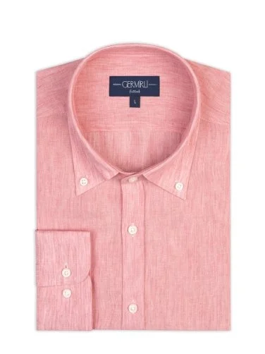 Germirli Pembe Tailor Fit Düğmeli Yaka Albini Keten Gömlek - 2