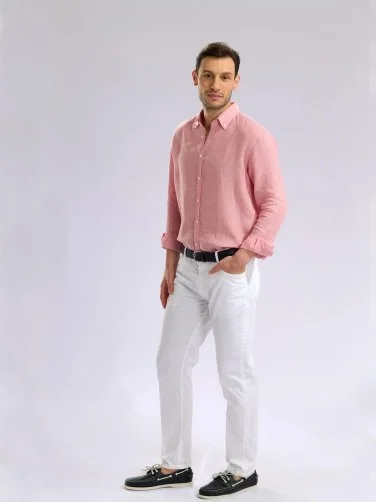 Germirli Pembe Tailor Fit Düğmeli Yaka Albini Keten Gömlek - 5