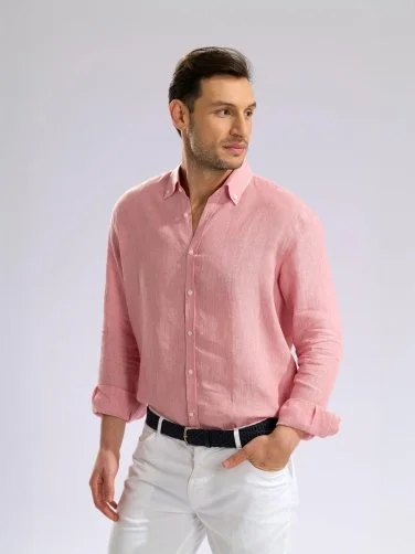 Germirli Pembe Tailor Fit Düğmeli Yaka Albini Keten Gömlek - 4