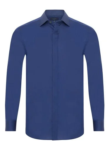 Germirli Saks Mavi Tailor Fit Gizli Pat Klasik Yaka 70/1 Pamuk Gömlek - 1